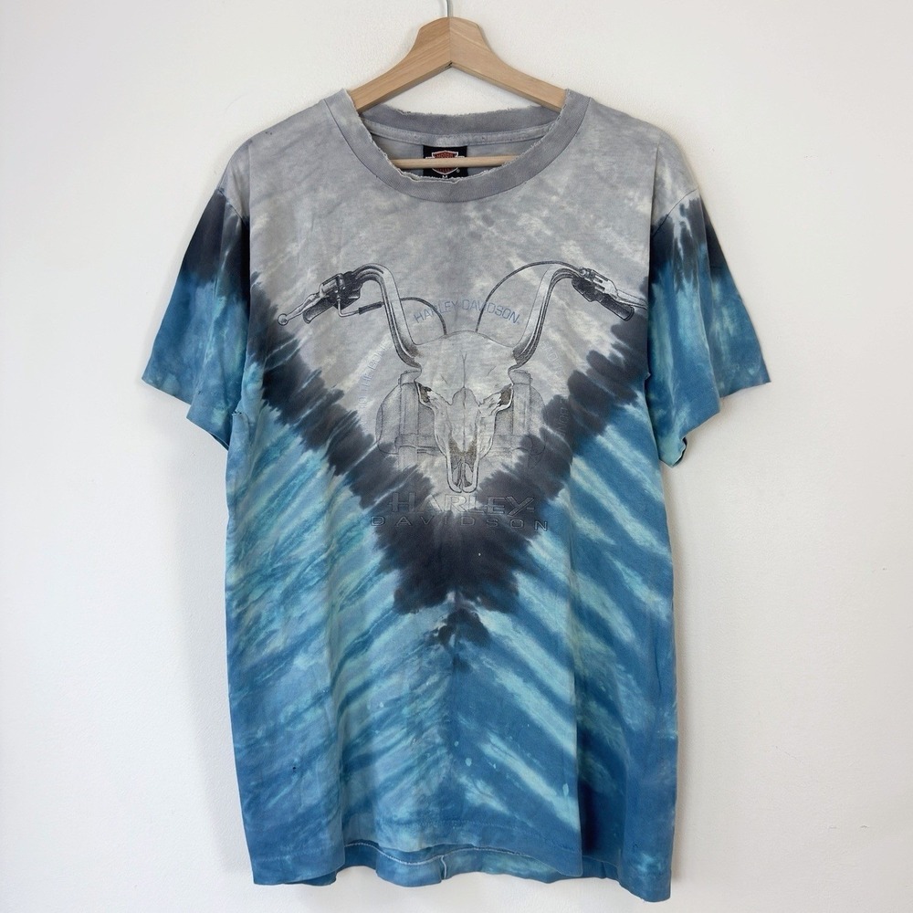 Vintage Harley Davidson Skull Tye Dye Motorcycle Distressed Tee Shirt - M/L